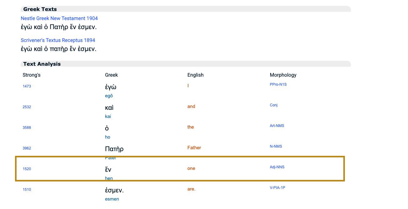 The word for "one" is ἕν (hen), neuter, meaning unity of purpose, not εἷς (heis), masculine, which would mean one person.