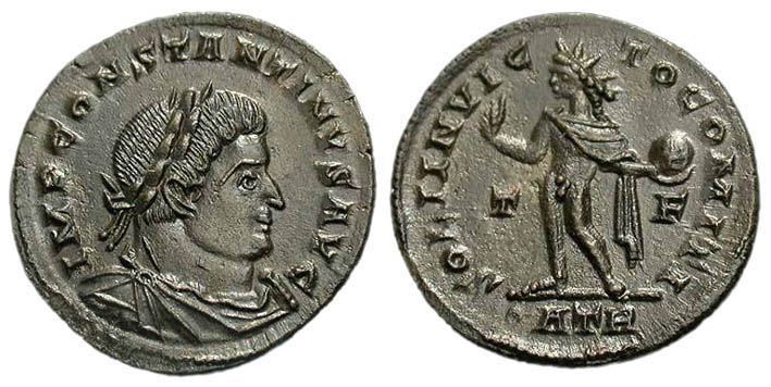 A bronze coin of Constantine I (c. 310 AD) with Sol Invictus, the unconquered sun god, on the reverse. Minted during the same period he declared himself a Christian emperor.